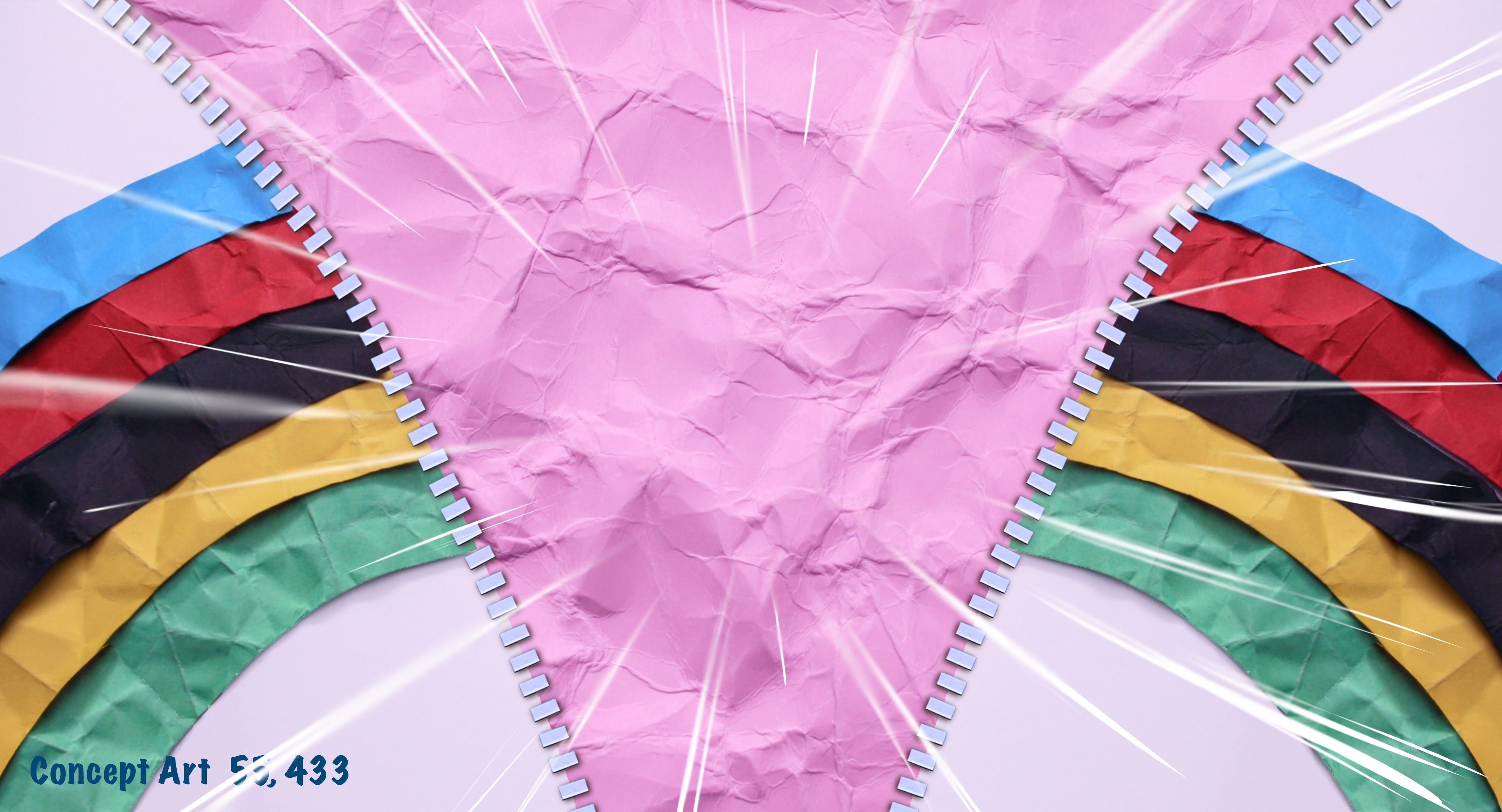 Een roze driehoek met een regenboogvorm op de achtergrond.