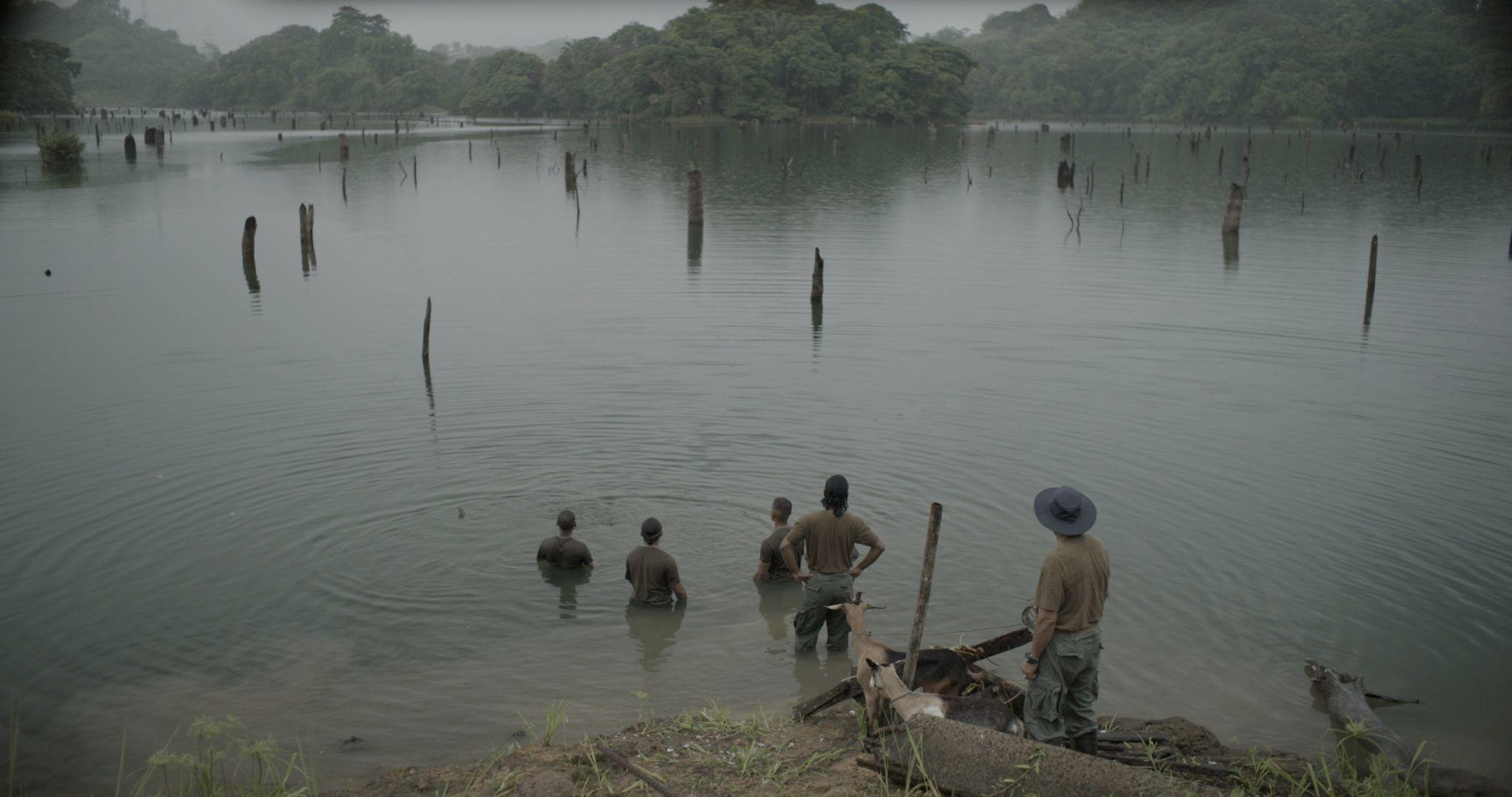 A group of people in a lake.