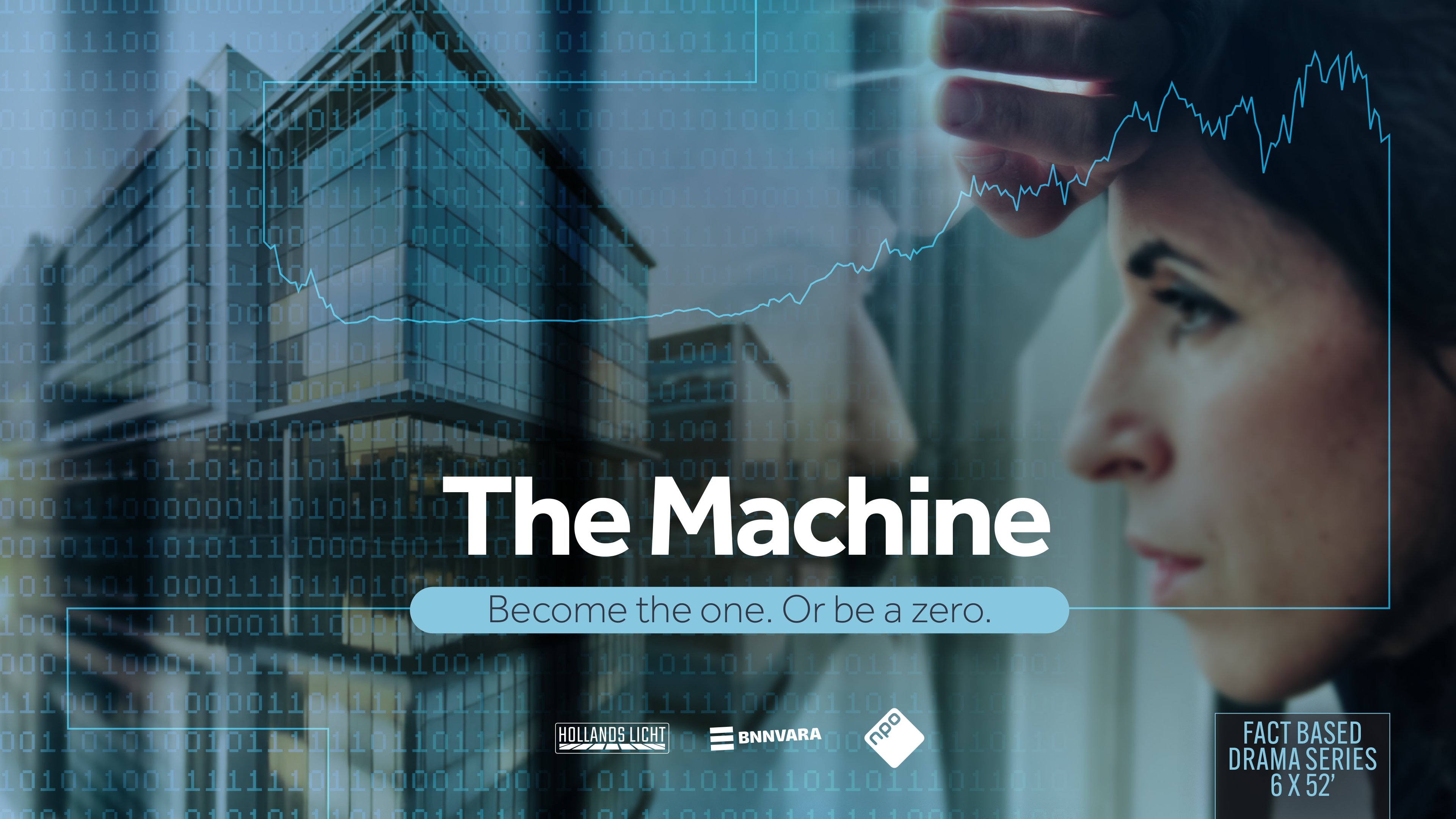 Mix of two photos: a modern office building and a woman looking out of a window.