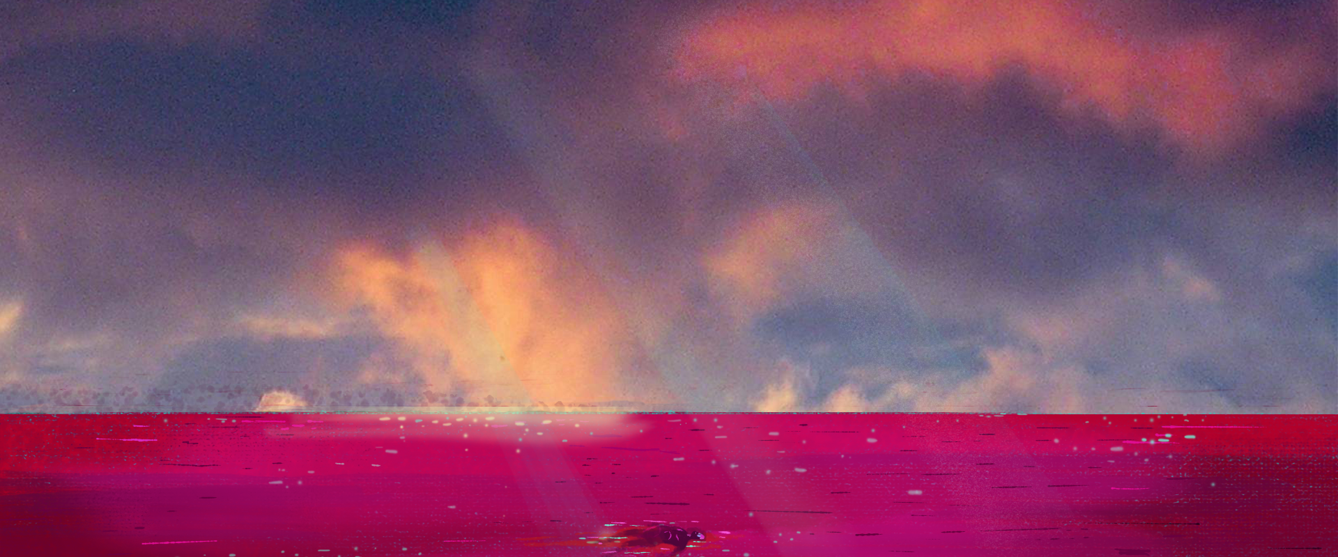 Getekend beeld van iemand die drijft in een rode zee.