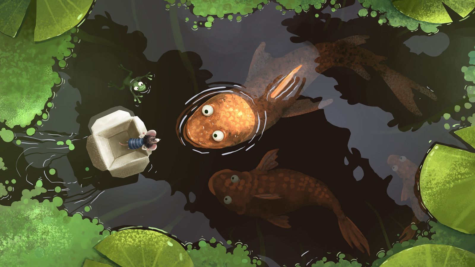 3D animated image of a mouse floating in the water in a box. Fish stare at it from below the surface.