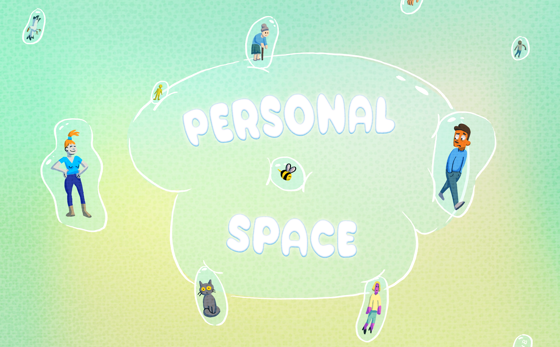 De woorden 'Personal Space' op een groene achtergrond met getekende mensen er omheen.