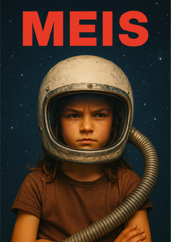 Een jong meisje met een astronautenhelm op.