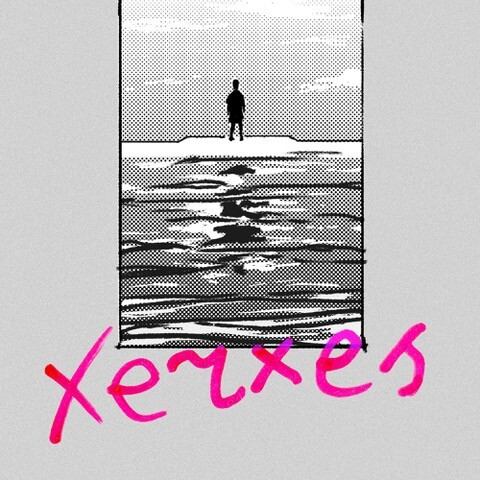 Een tekening in zwart-wit van de zee met een persoon op de achtergrond.