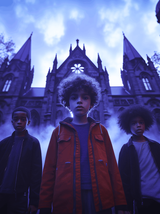 Three children stand in front of a gothic building.